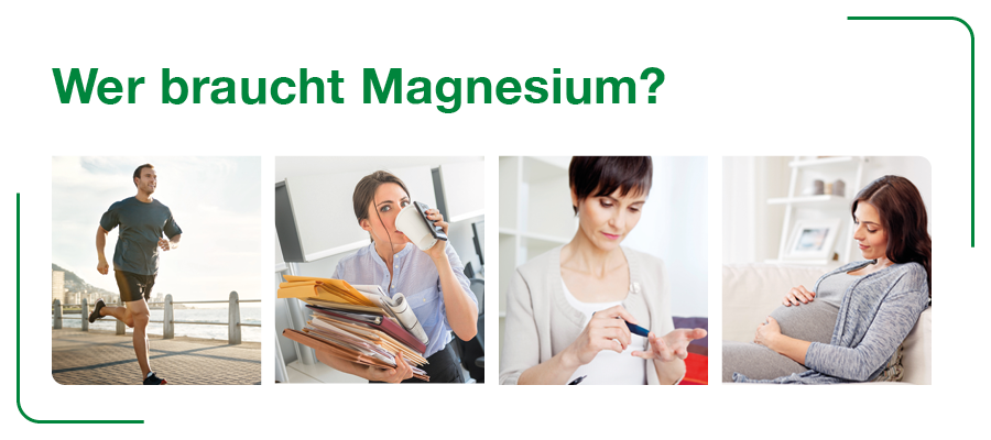 Bilder von Personen. Text: Wer braucht Magnesium? Mann beim Joggen, Frau im Büro, Frau misst Zucker, Schwangere.